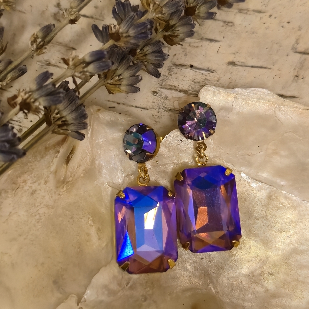 Swarovski Elements Purple Paradise Shine In Octagon Drop  Gold Plated Earrings